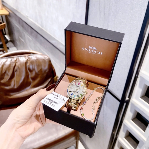 Coach Preston Rainbow |Nữ Giới |Mặt Khảm Đá |Dây Kim Loại Vàng Gold |Máy Pin (Quartz) |Size 36mm