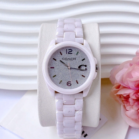 Coach Greyson |Nữ Giới |Đính Đá Xám |Dây Đá Ceramic Hồng |Máy Pin (Quartz) |Size 36mm