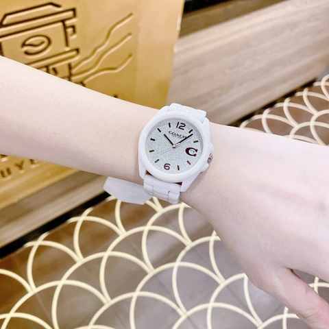 Coach Greyson |Nữ Giới |Đính Đá Xám |Dây Đá Ceramic Hồng |Máy Pin (Quartz) |Size 36mm
