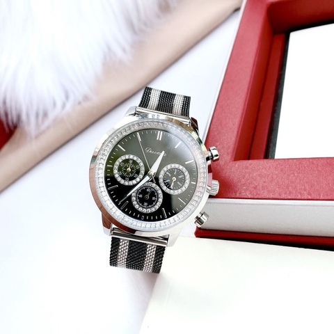 Davena 6 Kim |Nữ Giới |Mặt Tròn |Dây Mesh Lưới Đen Trắng |Máy Pin (Quartz) |Size Lớn 38mm
