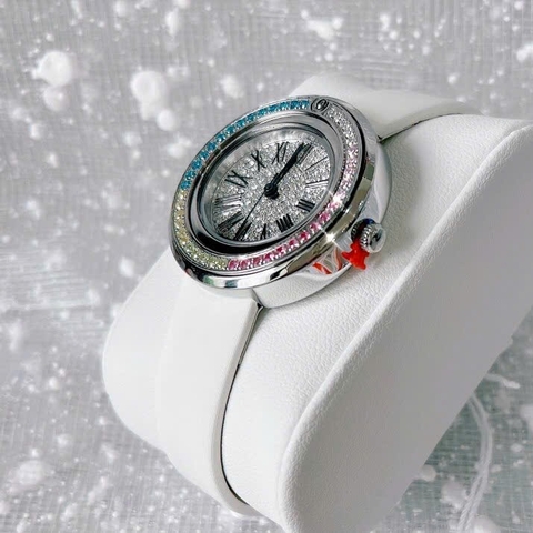 Davena Silver |Nữ Giới |Đính Đá Nhiều Màu |Dây Da Trắng |Máy Pin (Quartz) |Size 30mm