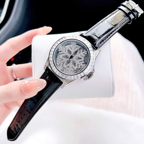 Davena Hoa Tuyết Xoay |Nữ Giới |Đính Đá Silver |Dây Da Đen |Máy Pin (Máy Quartz) |Size 39mm