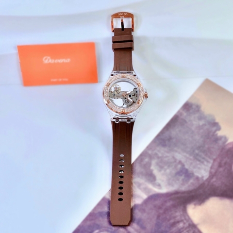 Davena Lộ Cơ |Unisex |Đính Đá |Rose Gold |Dây Silicone Nâu |Máy Cơ (Automatic) |Size 42mm