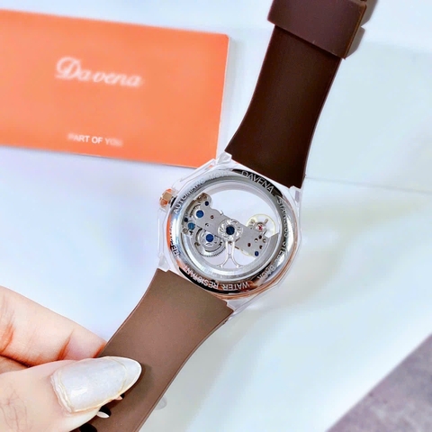 Davena Lộ Cơ |Unisex |Đính Đá |Rose Gold |Dây Silicone Nâu |Máy Cơ (Automatic) |Size 42mm