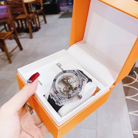 Davena Lộ Cơ |Unisex |Đính Đá |Silver |Dây Silicone Đen |Máy Cơ (Automatic) |Size 42mm