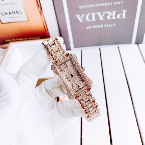Davena Mặt Chữ Nhật |Nữ Giới |Rose Gold |Full Đá |Dây Kim Loại |Máy Pin |Size Lớn 31x42mm