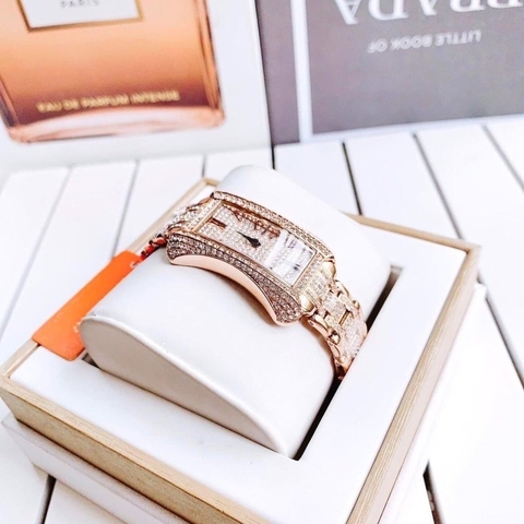 Davena Mặt Chữ Nhật |Nữ Giới |Rose Gold |Full Đá |Dây Kim Loại |Máy Pin |Size Lớn 31x42mm
