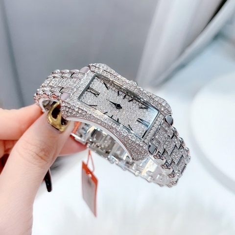 Davena Mặt Chữ Nhật |Nữ Giới |Trắng Silver |Full Đá |Dây Kim Loại |Máy Pin |Size Lớn 31x42mm