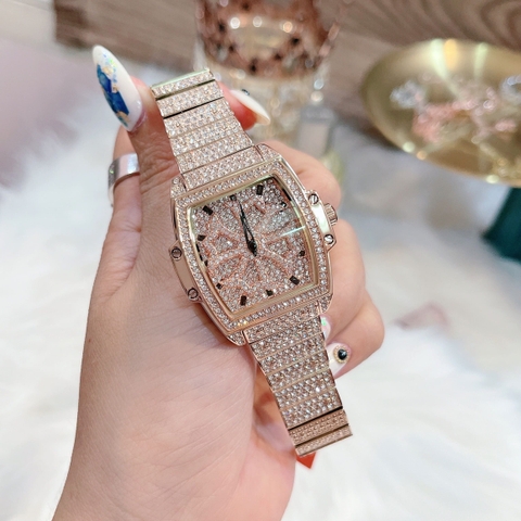 Davena Mặt Chữ Nhật |Nữ Giới |Full Đá Rose Gold |Dây Kim Loại |Máy Pin |Size 34x38mm