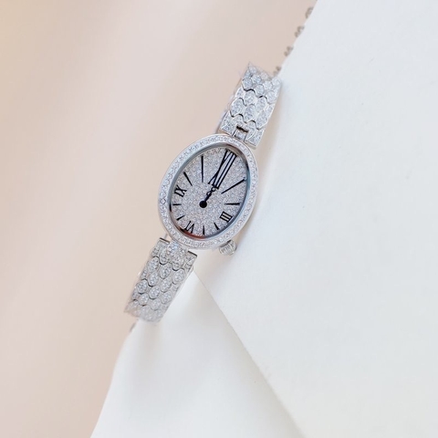 Davena Mặt Elip |Nữ Giới |Trắng Silver |Full Đá |Dây Kim Loại |Máy Pin (Quartz) |Size Nhỏ 30x32mm