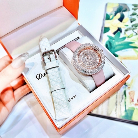 Davena Mặt Xoay |Nữ Giới |Full Đá Rose Gold |Dây Da Hồng |Máy Pin (Quartz) |Size 39mm