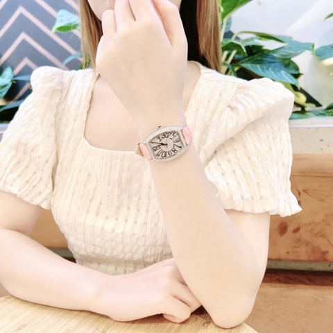 Davena Mặt Oval |Nữ Giới |Silver |Full Đá Swarovski |Dây Da Hồng |Máy Pin |Size 32x36mm