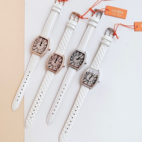 Davena Mặt Oval |Nữ Giới |Silver |Full Đá Swarovski |Dây Da Trắng |Máy Pin |Size 32x36mm