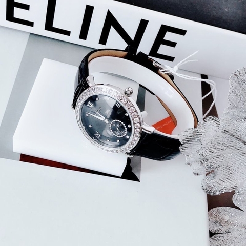 Davena Mặt Tròn Đen |Nữ Giới |Đính Viền Đá |Dây Da Vân Đen |Máy Pin (Quartz) |Size Lớn 38mm