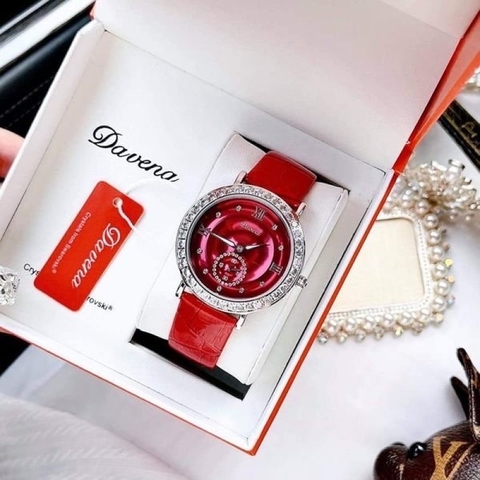 Davena Mặt Tròn Đỏ |Nữ Giới |Đính Viền Đá |Dây Da Vân Đỏ |Máy Pin (Quartz) |Size Lớn 38mm