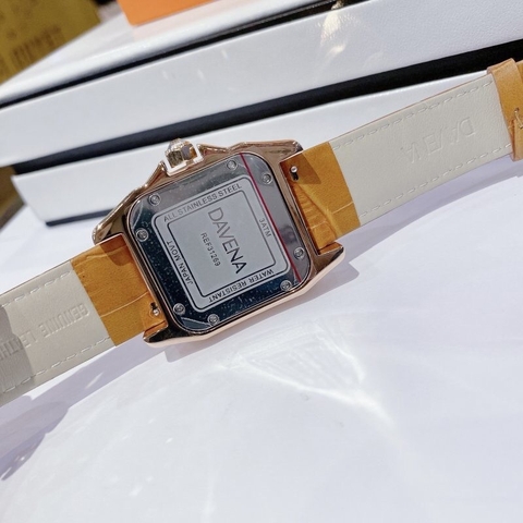Davena Mặt Vuông Nâu Trà |Nữ Giới |Đính Đá |Dây Da Nâu |Máy Pin (Quartz) |Size Lớn 37mm