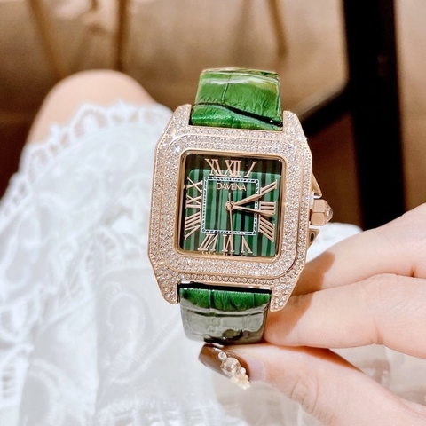Davena Mặt Vuông |Nữ Giới |Đính Đá Rose Gold |Dây Da Xanh Lá |Máy Pin |Size Lớn 37mm