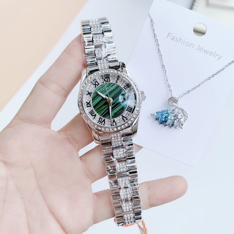 Davena Mặt Xanh Ngọc |Nữ Giới |Đính đá |Dây Kim Loại |Máy Pin (Máy Quartz) |Size 34mm