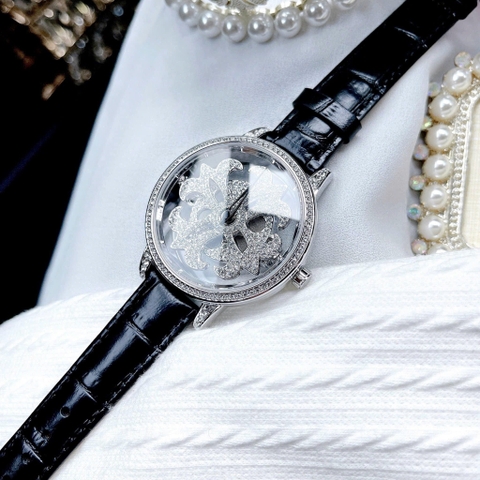 Davena Bông Hoa Xoay |Nữ Giới |Đính Đá Silver |Dây Da Đen |Máy Pin (Quartz) |Size 39mm