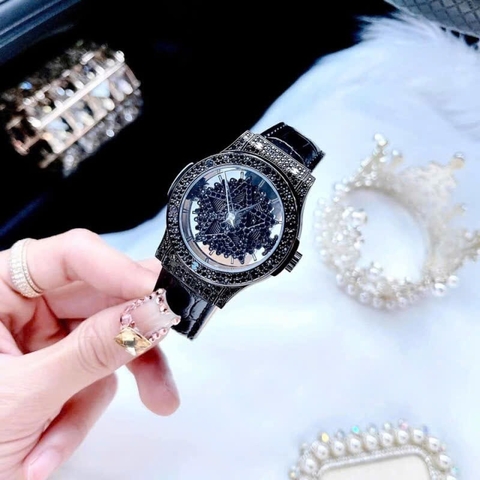 Davena Ngôi Sao Xoay |Nữ Giới |Full Đá Đen |Dây Silicone |Máy Pin (Quartz) |Size 38mm