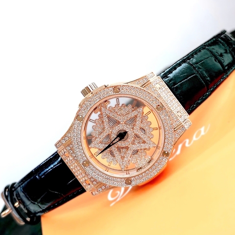 Davena Ngôi Sao Xoay |Nữ Giới |Full Đá Rose Gold |Dây Da Đen |Máy Pin (Quartz) |Size 38mm