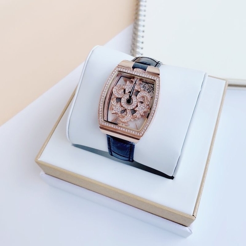 Davena Trăng Sao Xoay |Nữ Giới |Mặt Rose Gold |Dây Da Đen |Máy Pin (Quartz) |Size 32x44mm