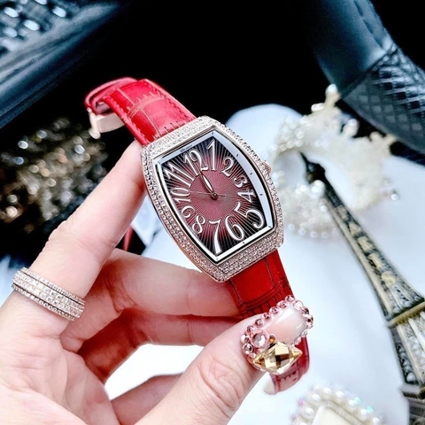 Davena Tựa Frank Muller |Nữ Giới |Đính Đá Rose Gold |Dây Da Vân Đỏ |Máy Pin |Size 30x34mm