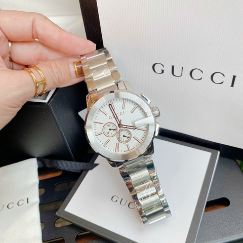 Gucci G-Timeless G-Chrono |Nam |Mặt Tròn Trắng |Dây Kim Loại Silver |Máy Pin (Quartz) |Size 44mm