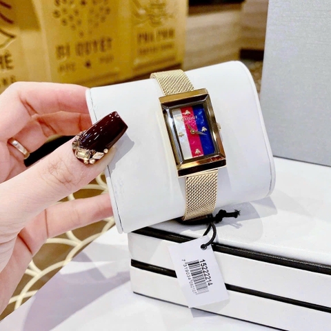 Gucci |Nữ |Mặt Chữ Nhật Xanh Đỏ Trắng |Dây Lưới Vàng Gold |Máy Pin (Quartz) |Size 21x34mm