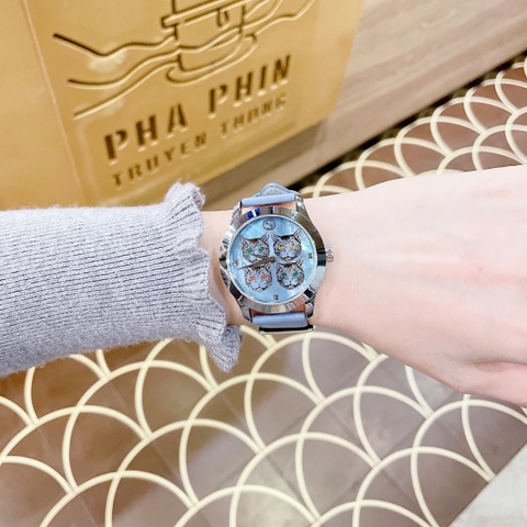 Gucci G-Timeless 4 Chú Mèo |Nữ |Mặt Khảm Trai |Dây Da Xanh Dương |Máy Pin (Quartz) |Size 38mm