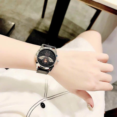 Gucci G-Timeless Butterfly |Nữ |Mặt Hình Bướm |Dây Da Đen |Máy Pin (Quartz) |Size 38mm