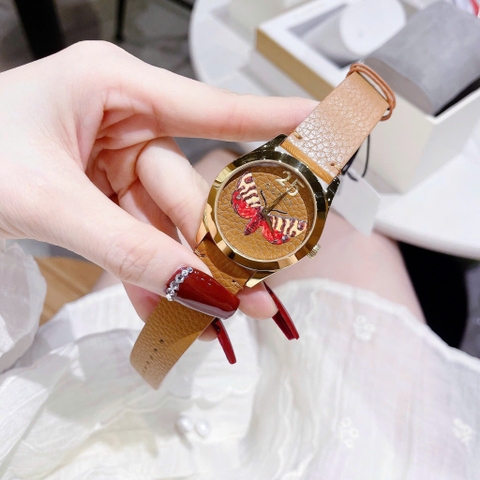 Gucci G-Timeless Butterfly |Nữ |Mặt Con Bướm |Dây Da Nâu Vàng |Máy Pin (Quartz) |Size 38mm