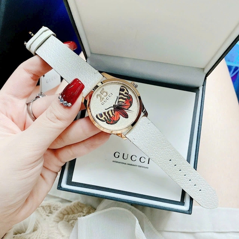 Gucci G-Timeless Butterfly |Nữ |Mặt Hình Bướm |Dây Da Trắng |Máy Pin (Quartz) |Size 38mm