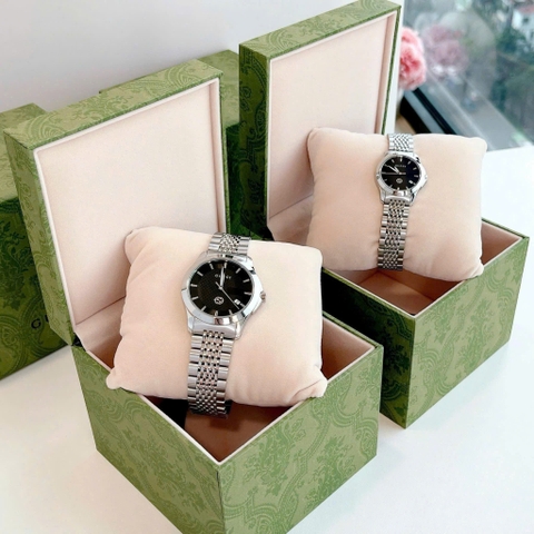 Gucci G-Timeless |Cặp Đôi |Mặt Màu Đen |Dây Kim Loại Silver |Size 38x28mm
