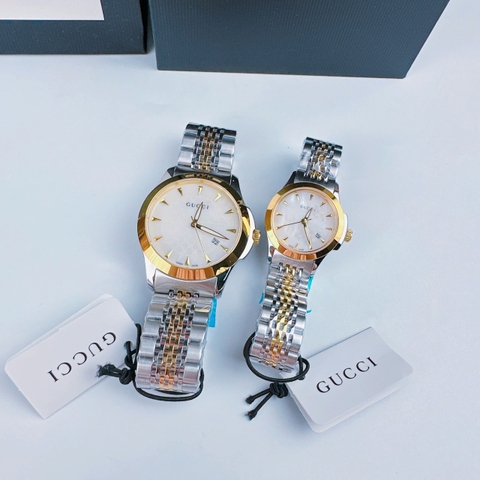 Gucci G-Timeless |Cặp Đôi |Mặt Màu Trắng |Dây Kim Loại Demi Vàng Gold |Size 38x28mm