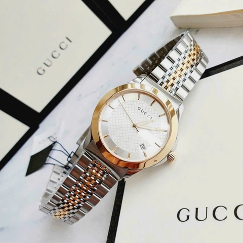 Gucci G-Timeless |Cặp Đôi |Mặt Màu Trắng |Dây Kim Loại Demi Vàng Gold |Size 38x28mm