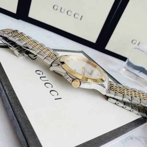 Gucci G-Timeless |Cặp Đôi |Mặt Màu Trắng |Dây Kim Loại Demi Vàng Gold |Size 38x28mm