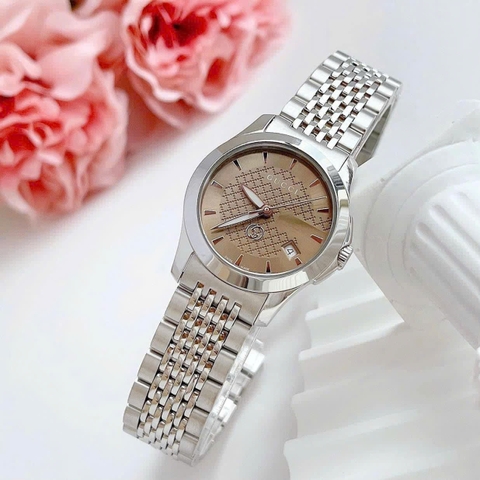 Gucci G-Timeless |Cặp Đôi |Mặt Màu Nâu |Dây Kim Loại Bạc Silver |Size 38x28mm