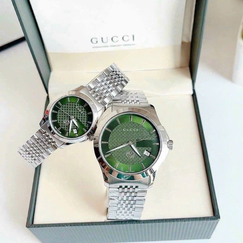 Gucci G-Timeless |Cặp Đôi |Mặt Xanh Lá |Dây Kim Loại Silver |Size 38x28mm