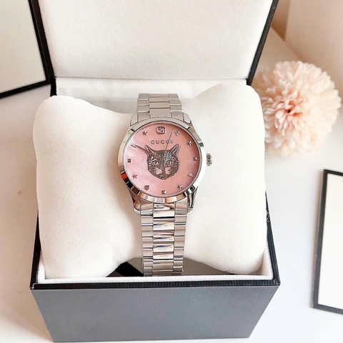 Gucci G-Timeless Cat |Nam |Mặt Mèo Hồng |Dây Kim Loại Silver |Máy Pin (Quartz) |Size 38mm