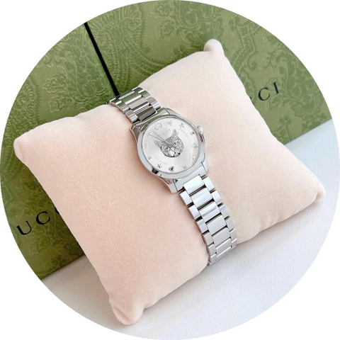 Gucci G-Timeless Cat |Nữ |Họa Tiết Mèo |Dây Kim Loại Trắng Silver |Máy Pin (Quartz) |Size 28mm