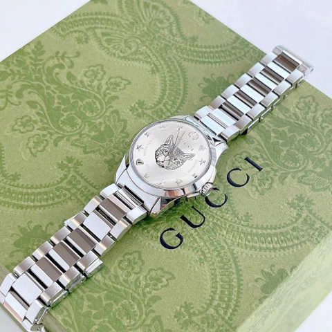 Gucci G-Timeless Cat |Nữ |Họa Tiết Mèo |Dây Kim Loại Trắng Silver |Máy Pin (Quartz) |Size 28mm