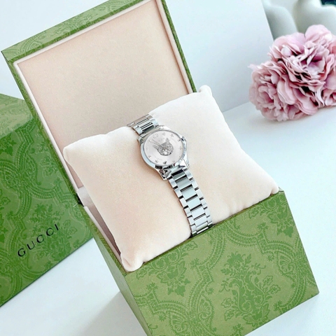 Gucci G-Timeless Cat |Nữ |Họa Tiết Mèo |Dây Kim Loại Trắng Silver |Máy Pin (Quartz) |Size 28mm