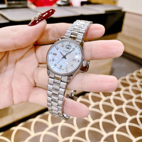 Gucci G-Timeless Diamond |Nữ Giới |Mặt Xà Cừ |Dây Kim Loại Trắng Silver |Máy Pin (Quartz) |Size 30mm