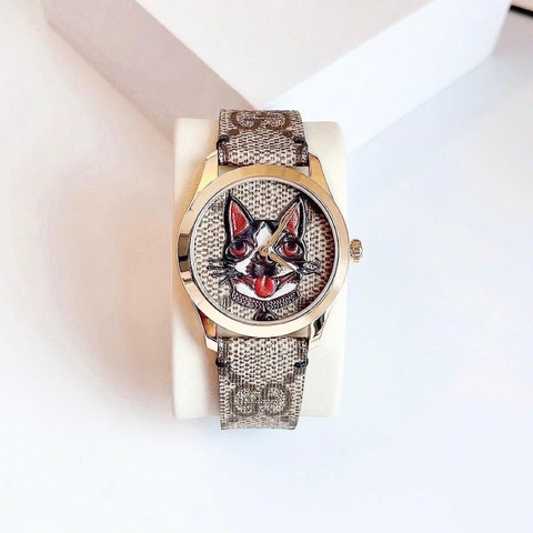 Gucci G-Timeless Dog Bull |Nữ |Mặt Họa Tiết Chú Chó |Dây Da Bọc Vải |Máy Pin (Quartz) |Size 38mm