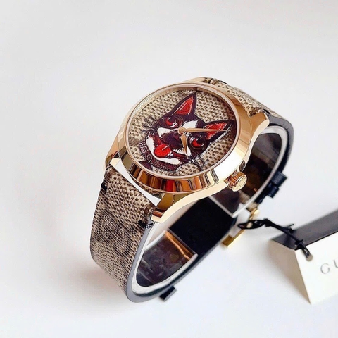 Gucci G-Timeless Dog Bull |Nữ |Mặt Họa Tiết Chú Chó |Dây Da Bọc Vải |Máy Pin (Quartz) |Size 38mm