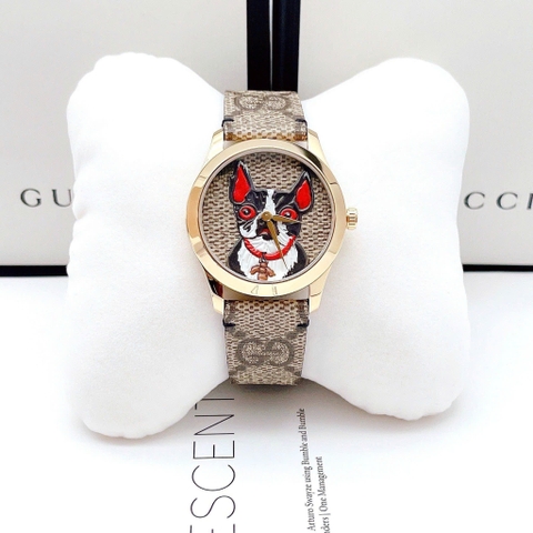 Gucci G-Timeless Dog Bull |Nữ |Vàng Gold |Dây Da Nâu Họa Tiết |Máy Pin (Quartz) |Size 38mm