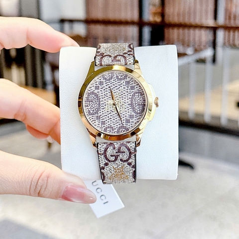 Gucci G-Timeless GG Supreme Canvas |Nữ |Dây Da Nâu Họa Tiết Con Ong |Máy Pin (Quartz) |Size 38mm