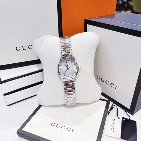 Gucci G-Timeless Iconic |Nữ |Chú Ong Trắng |Dây Kim Loại Silver |Máy Pin (Quartz) |Size 28mm