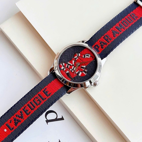Gucci G-Timeless Le Marche Des Merveilles |Nữ |Họa Tiết Rắn |Dây Vải Xanh Dương Đỏ |Máy Pin (Quartz) |Size 38mm